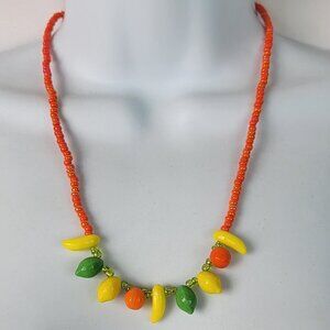 Vintage Fruit Glass Charm Beaded Necklace Gold Tone Toggle Carmen Miranda 21"